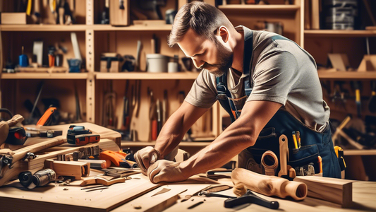 Create an image of a carpenter working on a DIY home project, surrounded by various tools and materials. The carpenter should be focused and methodically following essential carpentry tips, showcasing precision and skill in their craft. The scene sho