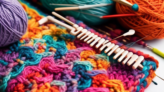 An intricate and colorful yarn art masterpiece created through knitting and crocheting, surrounded by hands holding knitting needles and crochet hooks, with a laptop in the background displaying an online class on knitting and crocheting.