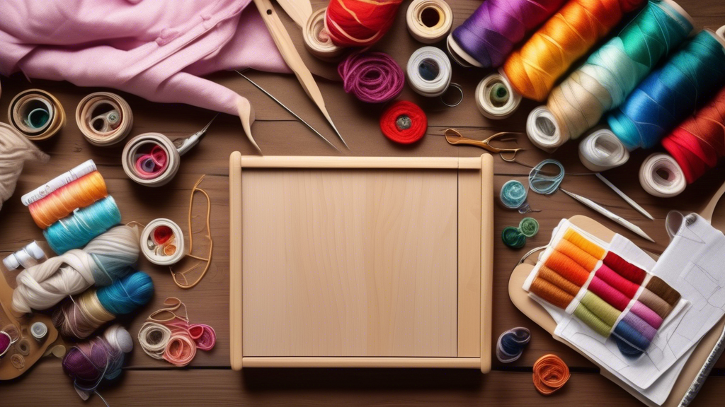 Create an image of a cozy crafting corner with a variety of stitching materials spread out on a wooden table. Include colorful threads, embroidery hoops, assorted needles, and a stack of fabric swatches in different textures. Show a pair of hands eng