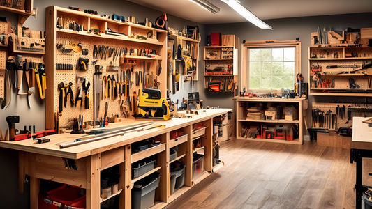 Create an image of a woodworking workshop with various organization tools such as tool racks, shelving units, pegboards, labeled containers for screws and nails, and a workbench with built-in storage compartments. Showcase a woodworker effortlessly a