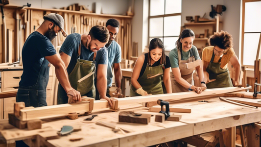 Create an image of a virtual carpentry workshop with a diverse group of people participating in online training, each engaged in different carpentry tasks such as sawing wood, hammering nails, and measuring dimensions. The workshop setting should be 