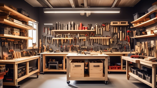 Create an image of a well-organized woodworking workshop, showcasing labeled storage bins for tools, a designated area for each type of tool, and a clutter-free workbench with all the necessary tools neatly arranged. The workshop should exude a sense