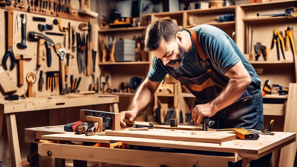 Create an image of a beginner carpenter in their workshop, surrounded by various tools and materials, trying to assemble a basic piece of furniture like a small bookshelf or a wooden bench. Show them following a step-by-step guide or tutorial for hom