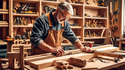 Create an image of a workshop with a carpenter mastering advanced carpentry skills, showcasing various tools and materials used in the process. The carpenter is diligently working on a complex woodworking project, demonstrating precision and expertis