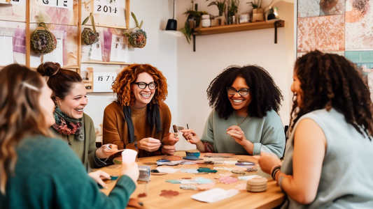 Create an image of a diverse group of crafters happily chatting and creating their crafts at a cozy cafe, with a calendar on the wall showing a series of upcoming meetups titled Crafters Circle Meetups: Scheduling Made Simple. The scene should exude 