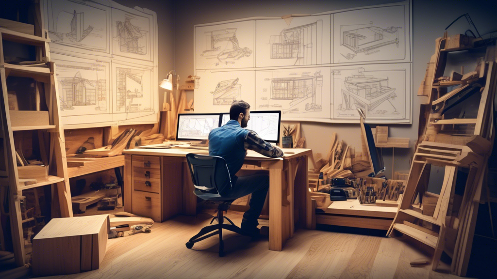 Create an image of a carpenter sitting at a computer, surrounded by various tools and blueprints, while looking at a sophisticated carpentry design software program on the screen. The software program should feature a sleek and user-friendly interfac