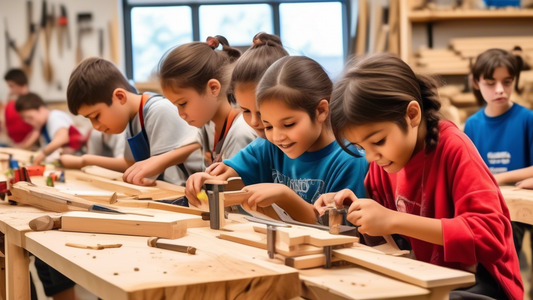 Create an image of a group of children, aged between 8-12, engaged in a fun and educational carpentry workshop. The workshop is filled with colorful tools, wood materials, and safety equipment, and the children are eagerly learning woodworking skills
