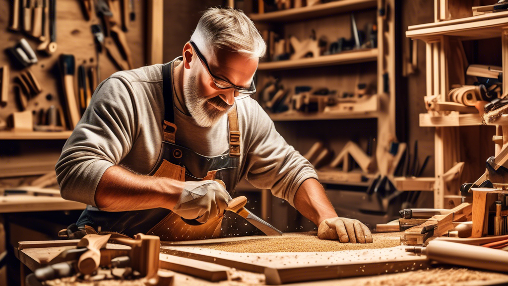 Create an image of a skilled carpenter meticulously crafting an intricate and elaborate wooden structure, showcasing the artistry and precision of advanced carpentry skills. The carpenter is surrounded by various tools and materials, with sawdust sca