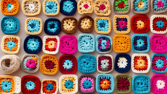 Create an image of a colorful assortment of crochet granny squares laid out neatly in a row, showcasing different patterns and color combinations. Include various crochet tools like a hook and yarn beside the squares to depict a beginner-friendly set