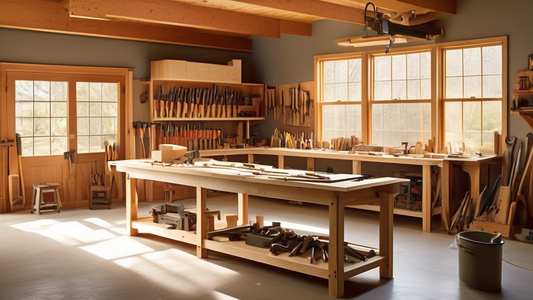 Create an image of a serene workshop setting with natural light streaming in through large windows. Show a workbench with various high-quality carpentry tools neatly organized, such as saws, hammers, chisels, and drills. Display a diverse array of wo