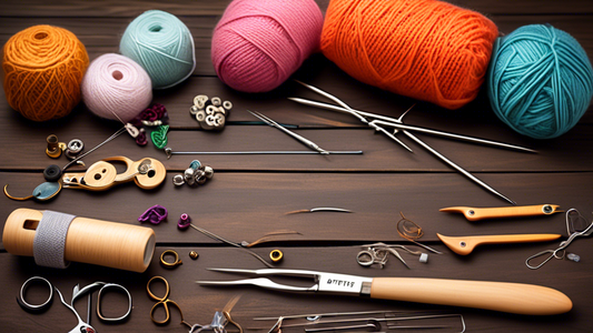 Please generate an image of essential knitting tools and accessories neatly arranged on a wooden table, including various sizes of knitting needles, stitch markers, yarn scissors, tape measure, and a knitting gauge ruler. Each item should be easily r