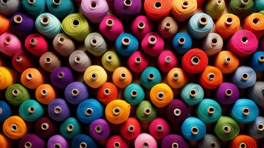 Create an image of a colorful array of yarn spools, showcasing unique and harmonious color mashups that can inspire knitters and crocheters for their next project. Each spool should feature bold and vibrant colors in intriguing combinations, evoking 