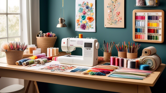Create an image of a beautifully organized crafting table filled with essential supplies for sewing and embroidery projects. Include items such as colorful threads, needles, pins, scissors, embroidery hoops, fabric swatches, and a sewing machine. Sho