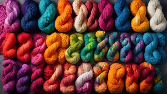 Create an image of a colorful array of skeins of yarn being dyed in various dyeing techniques such as tie-dye, dip-dye, ombre, and speckled dyed techniques. The image should showcase different stages of the dyeing process with vibrant colors and patt