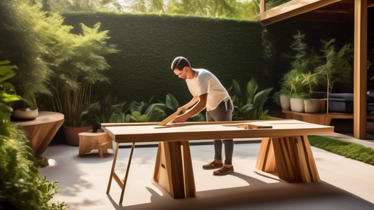 Create an image showing a person using carpentry tools to build a sleek and modern outdoor furniture piece, such as a wooden bench or table, in a spacious outdoor workshop surrounded by lush greenery and dappled sunlight. The person should be focused