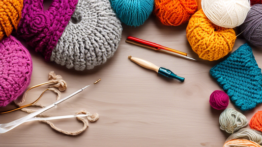 Create an image of colorful crochet items like scarves, hats, and gloves arranged neatly on a table, with a crochet hook and skeins of yarn scattered around them. The overall vibe should be cozy and inviting, showcasing the beauty and warmth of handm