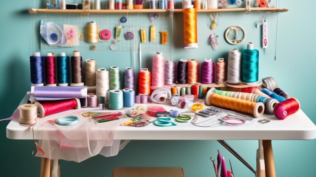 Create an image of a sewing and embroidery crafting workspace filled with the 10 must-have supplies, neatly organized and ready for use. Show a variety of items such as spools of colorful thread, embroidery hoops, needles, scissors, measuring tape, f