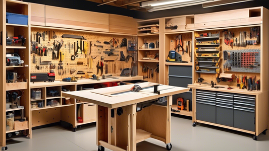 Create an image of a compact workshop space with a skilled woodworker utilizing creative storage solutions and efficient techniques to make the most of limited room for woodworking projects. Show the woodworker working on a small table saw, organizin