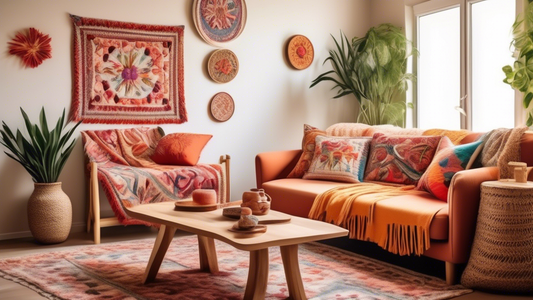 Create an image of a cozy living room with various embroidered items, such as throw pillows, wall hangings, and table runners, showcasing creative embroidery patterns for a unique home decor touch. The patterns should be colorful and intricate, addin