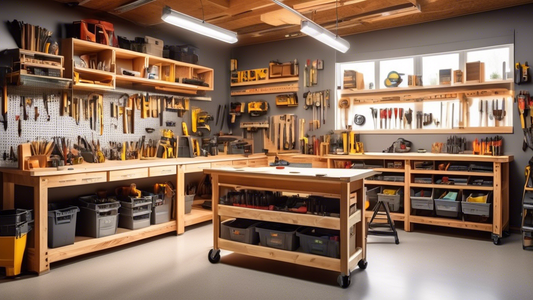 Create an image of a well-organized woodworking workshop with labeled storage bins, neatly arranged tools on pegboards, a spacious workbench with various projects in progress, and good lighting for optimal work conditions.