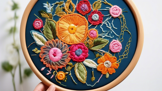 Create an image of an intricate embroidery hoop showcasing a variety of creative stitching techniques and designs, such as satin stitch, French knots, cross stitch, and chain stitch. The hoop should be filled with vibrant colors and intricate pattern