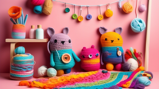Create an image of a colorful and whimsical crochet workshop for kids, filled with various crochet supplies like yarn, hooks, and buttons, as well as finished projects like cute amigurumi animals and vibrant blankets. The scene should be inviting and