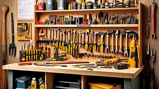 Create an image of a well-organized workshop with a variety of carpentry tools neatly arranged on a tool bench, showcasing proper storage and maintenance techniques. Include tools such as hammers, saws, chisels, and drills, as well as containers of o