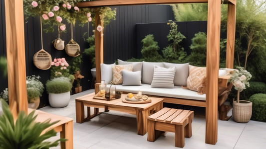 Create an image of a serene backyard setting with a variety of custom-made outdoor furniture pieces, such as a wooden dining table and chairs, a decorative bench, a stylish pergola, a cozy hammock, and a flower box. The scene should showcase the beau