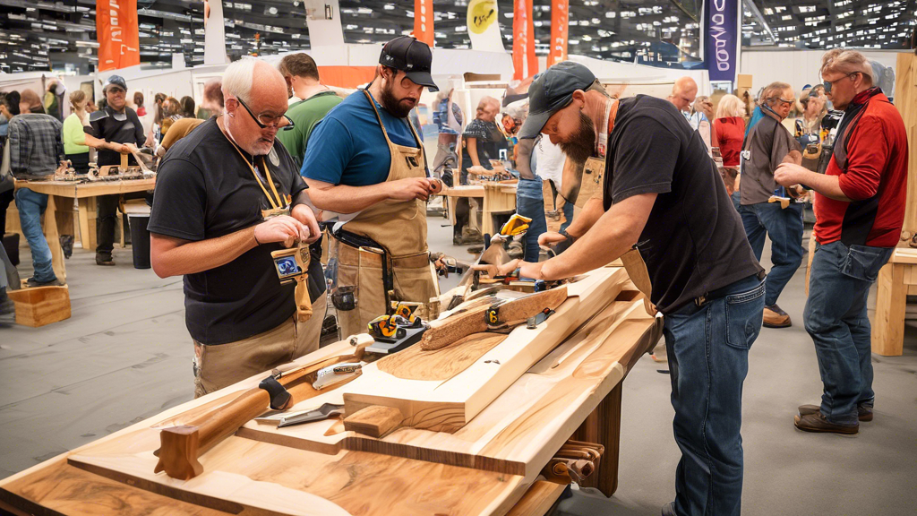 Create an image of a bustling woodworking event, featuring a variety of workshops, demonstrations, and vendor booths. Show participants engaging in woodworking tasks, browsing tools and materials, and networking with fellow carpentry enthusiasts. Cap