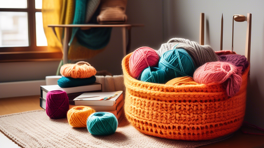 Create an image of a cozy knitting and crocheting corner with a bright-colored yarn basket, soft cushions, and a working area with a podcast player airing knitting and crocheting podcasts. The scene should evoke feelings of warmth, creativity, and re