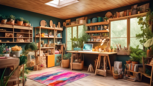Create an image of a picturesque crafting retreat in [Location], showcasing a cozy and inviting crafting space filled with colorful materials and tools, surrounded by lush greenery and serene natural surroundings. The image should capture the essence