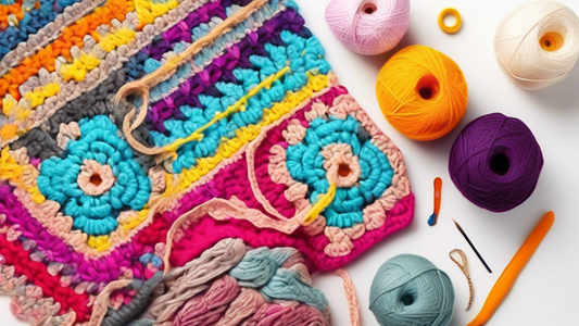 Create an image of a cozy and colorful crochet project being upcycled from scraps of yarn, with step-by-step instructions detailed in a visually appealing way. Show the process of transforming old items into new and beautiful crochet creations.