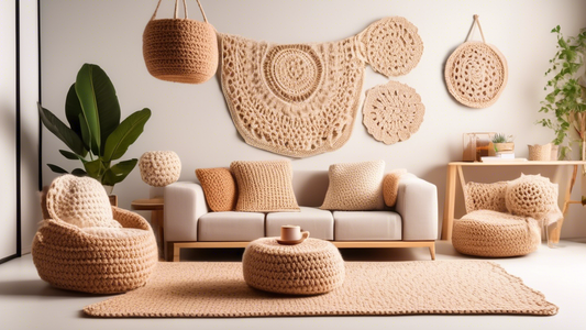 Create an image of a cozy living room with various homemade crochet home decor items such as throw pillows, blankets, coasters, and wall hangings. The room should feel warm and inviting, with natural lighting and a comfortable seating area adorned wi