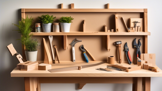 Create an image of a small home workshop with basic woodworking tools such as a handsaw, hammer, chisel, tape measure, and sandpaper laid out on a workbench. Show the tools being used to create a simple yet elegant wooden shelf, a birdhouse, a pictur