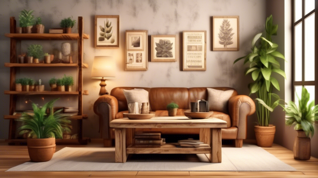 Create an image of a cozy living room featuring handcrafted rustic woodworking decor such as a beautifully carved wooden coffee table, a hand-painted wooden sign, and a set of handmade wooden shelves filled with potted plants and books. The room shou