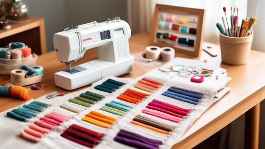 Create an image of a beginner-friendly sewing and embroidery project set-up, featuring colorful threads, fabric swatches, needles, and a simple pattern ready to be stitched. Show a cozy, well-lit workspace with a vintage sewing machine and a beginner