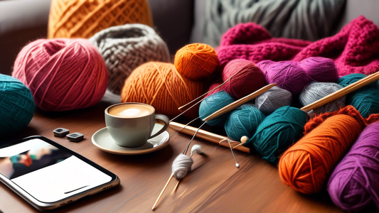 Create an image of a cozy living room with a diverse collection of yarns and knitting needles scattered on a coffee table, while a smartphone plays popular podcasts for knitting and crocheting enthusiasts in the background.