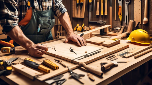 Create an image of a person in a workshop, surrounded by various carpentry tools such as hammers, saws, measuring tapes, and wood planks, while referencing a checklist that includes items like project goals, materials needed, timeline, budget, safety