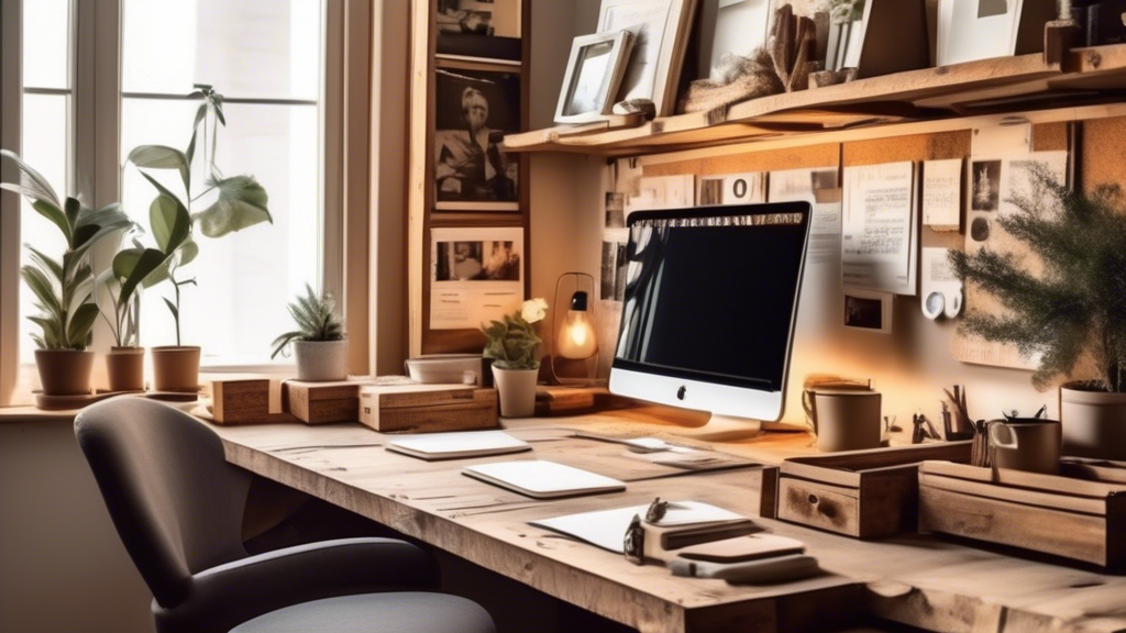 Create an image of a beautifully organized home office space with upcycled carpentry projects such as a reclaimed wood desk, pallet shelves, and DIY cork board made from old frames. The setting should be cozy and inviting, showcasing the unique and s