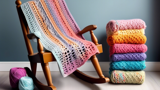 Create an image of a cozy, handmade crochet baby blanket displayed on a wooden rocking chair, surrounded by colorful yarn skeins and crochet hooks. The blanket should feature intricate details and patterns, showcasing different techniques and stitche