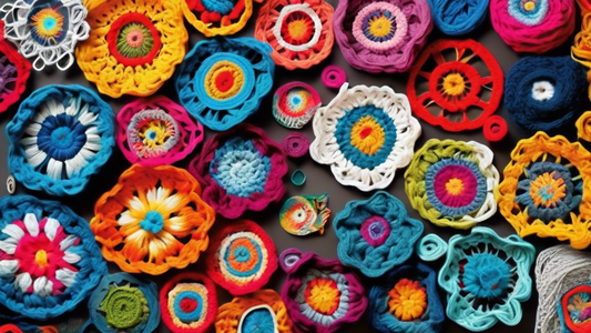 Create an image of a colorful, intricate crochet design made entirely from upcycled materials, such as old t-shirts, yarn scraps, and fabric remnants. Show the contrast between the raw, discarded materials and the beautiful, whimsical creation they h