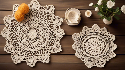 Please create an image of a beautifully styled vintage crochet doily placed on a rustic wooden table. The doily should feature intricate patterns and delicate craftsmanship, showcasing the timeless elegance of vintage crochet designs. The setting sho