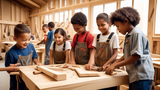 Please generate an image of a group of children, aged between 6-12 years old, enthusiastically participating in a carpentry class. The scene should show the kids from diverse backgrounds, some working on small woodworking projects using tools like ha
