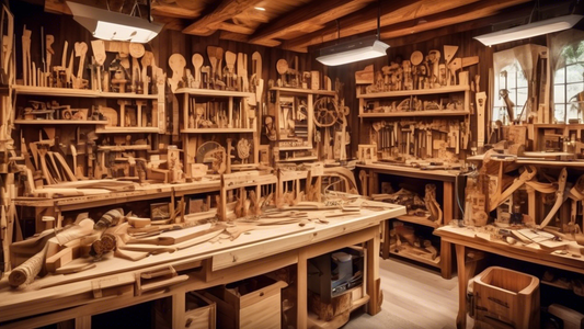 An image of a woodworking workshop filled with sawdust, tools, and pieces of intricate wooden creations. Around the workshop, display ten beautiful and unique wooden signs, each engraved with an inspiring woodworking quote. The quotes should be elega