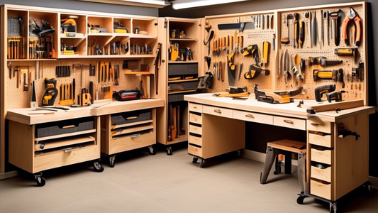 Create an image of a compact workshop in a small space, showcasing three key woodworking tricks: clever storage solutions, multi-purpose workstations, and space-saving tool organization. Show examples of each trick in action, with various woodworking