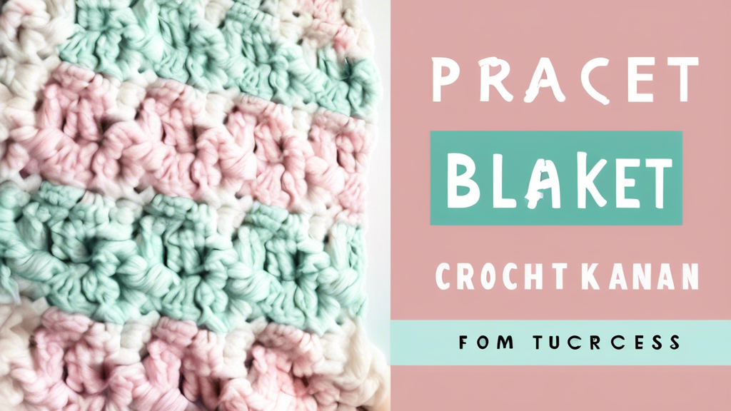 Create an image of a cozy, pastel-colored crochet baby blanket with a step-by-step tutorial overlay showing the process of creating the blanket, from selecting the yarn to finishing the final stitch. The image should convey warmth, softness, and simp