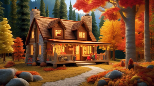 Create an image of a serene and cozy cabin nestled in a forest clearing, surrounded by colorful trees in autumn hues. The cabin's windows are gently illuminated from within, hinting at the warm and inviting space inside where a group of people are ga