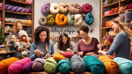 Create an image of a cozy and welcoming yarn shop interior, filled with colorful skeins of yarn, knitting needles, crochet hooks, and a group of people happily knitting and crocheting together in a workshop setting. Display a sign that says Local Kni