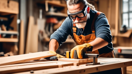 Create an image of a beginner woodworker in a workshop, following important safety tips such as wearing safety goggles, ear protection, gloves, and using a push stick while operating a table saw. The workshop should be well-lit and organized, with sa