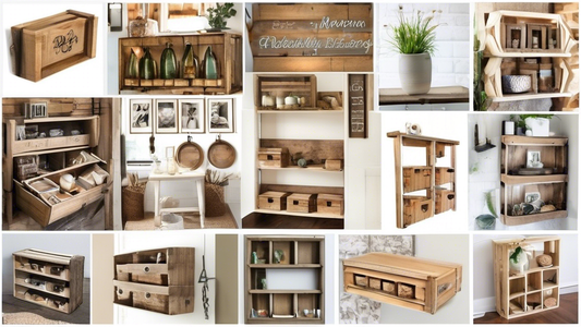 Create an image of a beautifully organized space filled with a variety of rustic handmade woodworking projects, such as wooden shelves, crates, decorative storage bins, and hanging organizers. Show examples of different DIY projects that can help ins